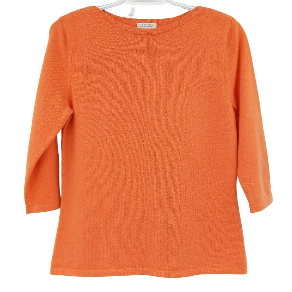 Investments Fine Cashmere Orange Sweater Round Neck 3/4 Sleeves Lounge Wear S